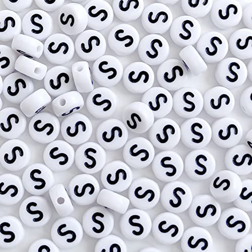 DHARIS 100 STÜCKE Buchstabenperlen Weiß Runde Acryl Alphabet Perlen Buchstabe S Perlen für Schmuckherstellung Armbänder Halsketten Schlüsselanhänger DIY 4X7mm
