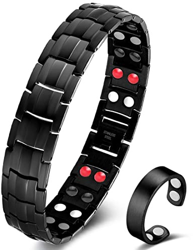 Vicmag Pulsera magnética de titanio para hombre, terapia magnética, drenaje linfático, pulsera de acero de titanio para artritis, con herramienta de ajuste (negro, 4 elementos)