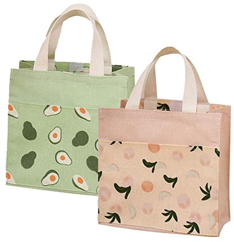 2Stk Stofftaschen mit Griffen, Klein mit Griffen, Einkaufstasche Baumwolltasche Tragetaschen, Wiederverwendbare für Schule, Büro, Reise, Urlaub, Camping (Grün+Rosa, 22x22 cm)