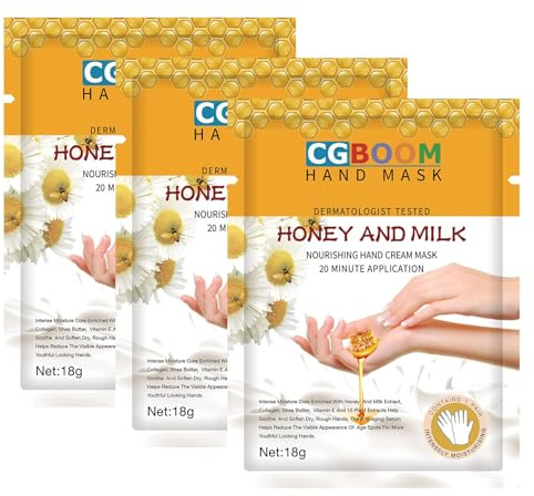 CGBOOM 3 Pairs Hand Masks Moisturizing Gloves, Hand Skin Repair Renew Mask Infused Collagen, Vitamins + Natural Plant Extracts for Dry, Aging, Cracked Hands (Honey and Milk)