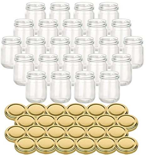 gouveo Juego de 25 tarros de conserva Helix de 125 ml con tapa de rosca dorada - Pequeños tarros con tapón de rosca TO53 - Tarros de rosca para mermelada, miel, especias, casero (HEG125G)