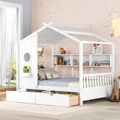 Merax Wood Full House Daybed with Drawers & Storage Shelves,Day Bed for Kids Boys Girls No Box Spring Needed White