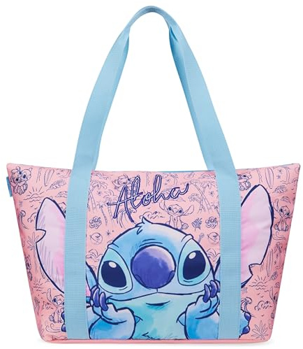 Disney Sac Cabas Femme, Sac Stitch, Tote Bag Fourre-Tout Grand Format à Fermeture Eclair pour Voyage, Plage, Sport