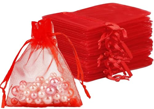Sacchetti in organza con coulisse, 50 pezzi, 15 × 20 cm, regalo per matrimonio, in organza, per gioielli, per matrimoni o feste (rosso vinaccia)