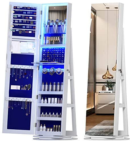 Vlsrka LED Schmuckschrank Stehend, 360° Drehbarer Schmuckschrank mit Spiegel, Schmuck Spiegelschrank Abschließbar, Moderne Schmuckspielgelschrank, Geschenke für Damen, 3 Farben LED-Licht (Weiß+Blau)