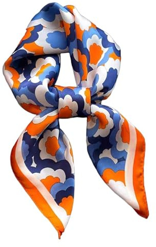 GIMIRO Foulard en Soie Polyester, 70 x 70 cm, Motifs Géométriques et Floraux, Style Élégant, Bandana pour Femmes (D03 Floral Blue/Orange)