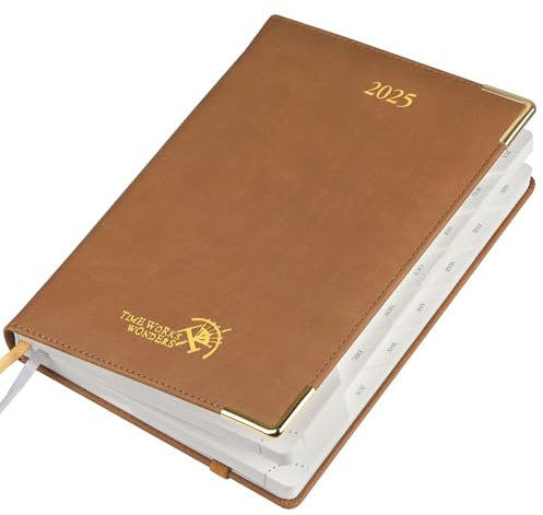 POPRUN Kalender 2025 Tagesplaner A5 Hardcover 21,5 x 14,5 cm (Jan.2025-Dez.2025), Tageskalender 1 Tag 1 Seite (Montag - Sonntag) mit PU-Leder, Monatliche Registerkarten - Braun