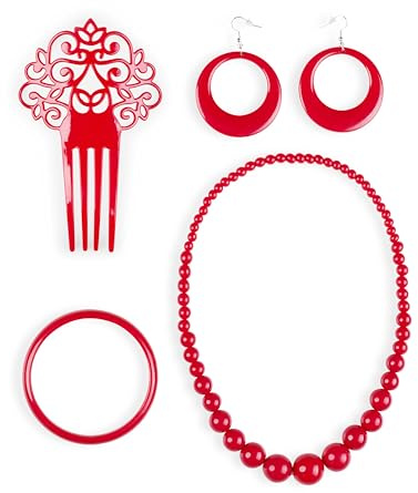 JORXG Set de Flamenca Rojo Rosa Peineta Collar Pulsera Pendientes para Feria Abril Sevilla Actuaciones Baile (Rojo)