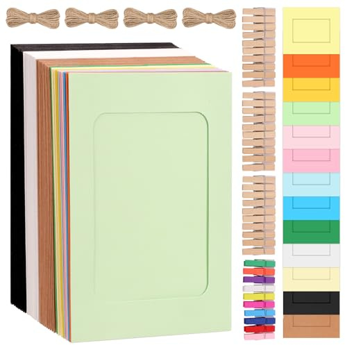 Cimeton 40Pcs Paper Picture Frames 4x6 inch Cardboard Photo Frame Cardboard Picture Frames Kit with Wooden Clips and String Paper Photo Frame DIY Frames for Wall Decor