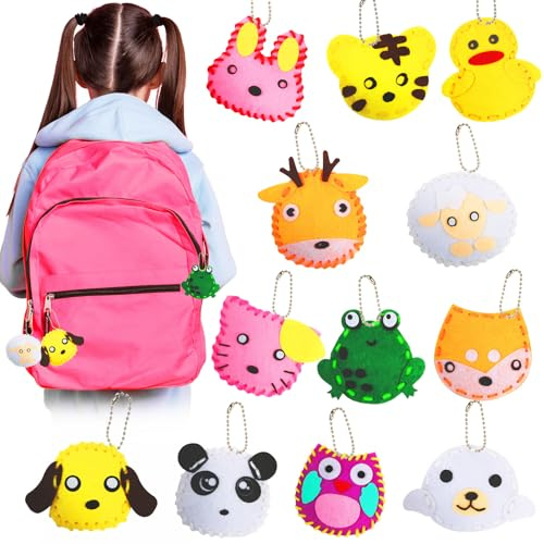 Vicloon 12 Pcs Kit de Couture Enfant, Kits de Couture en Feutre de Animal pour Enfants à Partir de 6 Ans, Kit de Coudre DIY avec Fil à Broder, Aiguilles en Plastique, Rembourrage en Coton (porte-clés)
