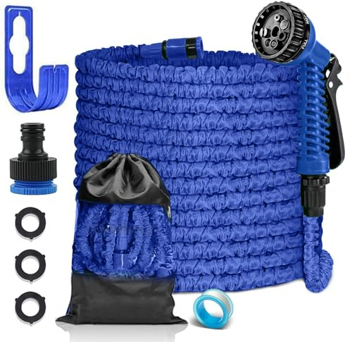 FASCINATDECO Flexibler Gartenschlauch 15m mit 7 Funktionen Brause, Wasserschlauch flexibel mit 3-Fach Latexkern inkl. Adapter für 1/2' 3/4' Zoll und Wandhalterung, dehnbarer flexiSchlauch