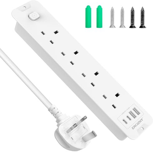 Recessed Power Socket with USB C, 4 Way Extension Lead 3250W Hidden Desk Power Strip with 2 USB-C & 2 USB-A Ports, Overload Switch Plug Socket Extension Outlets 2M Cable for Home Kitchen Office White