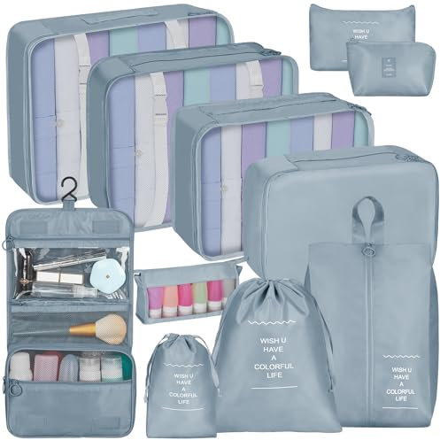 Coolzon Organisateur de Valise, Lot de 11 Organisateurs Rangement Valise Packing Cubes pour Voyage sac Compression de Stockage Bag Pochette Voyage sac Organisateur, Gris