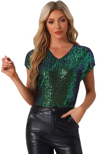 Allegra K Donna Top con Paillettes per Top A Maniche Corte con Scollo A V, Scintillanti Metallizzati Verde Blu XL
