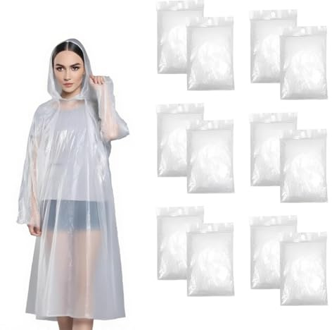 ClcIosis Lot de 12 ponchos de pluie transparents pour femme, avec capuche, pour la randonnée, le cyclisme, le camping, les concerts et les voyages, Transparent, M