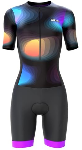 Sikma Women’s Half Sleeve Trisuit Breathable Mesh Triathlon Padded Suit with Hi Viz Reflection One Back Pocket and Power Band Leg Grippers Trisuit (Multi, Medium)