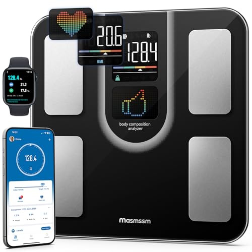 Masmssm Báscula para peso corporal, báscula inteligente con pantalla VA 9 en 1, báscula de baño de alta precisión 22, composición corporal, ritmo cardíaco, IMC, grasa corporal, compatible con iOS y