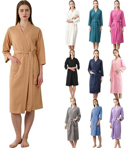 Generisk morgonrock för damer, lätt lång stor storlek, badrock för damer, lätt tunn våffelpiké, morgonrock, sexig basturock, par badrockar, elegant kimono, långärmad, loungewear, resebadrock
