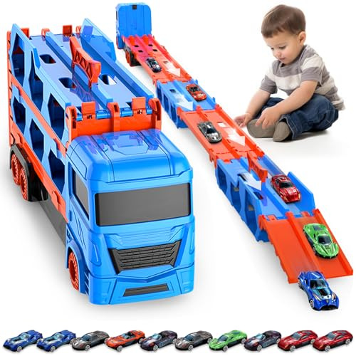 Dcceeo Transporte Camion Juguetes, Camiones de Juguete para Niños 3 4 5 Años Transporte Truck Coche con Eyección Pista de Carreras Plegable y 10 Coches Camión de Transporte Juguetes para Niños Regalos