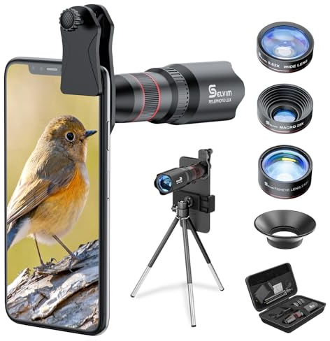 Selvim Lentes BLU-Ray para Teléfono Móvil, 9 en 1 Kit con 22X Teleobjetivo, 235° Fisheye, 0.62X Gran Angular, 25X Macro, Universal iOS Android