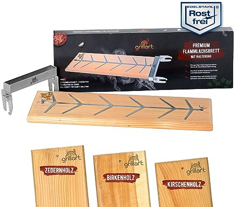 grillart Premium laxhylla med hållare (cederträ) av rostfritt stål för utsökt flammor – även perfekt för eldträd – perfekt för eldskål och grillning och lägereld