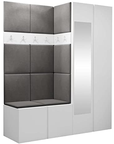 Mirjan24 Garderoben-Set Monati XII, Kleiderschrank mit Spiegel, Schuhschrank, 2X Kleiderhakenbrett, Gepolstertes Paneel/Wandpaneel, 6 Doppelhaken, Flurgarderobe, Wandgarderobe (Weiß, Manila 16)