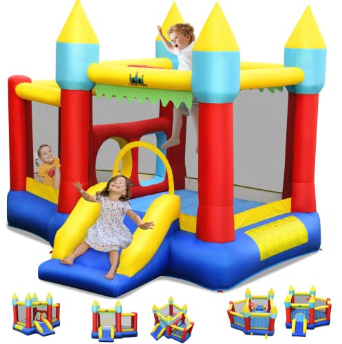 GYMAX Castello Gonfiabile con Scivolo per Bambini, con Ventilatore 450W, Trampolino Gonfiabile con Paletti, Borsa, Parco Giochi da Giardino con 100 Palline, Canestro, Borsa, 313 x 301 x 245 cm