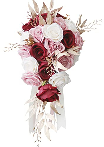 Fouriding Bouquet de Mariage pour Mariée,Bouquet de Fleurs Artificielles pour Cérémonie Anniversaire Douceur de Mariage Décoration de Mariage (Roses Rouges et Or)