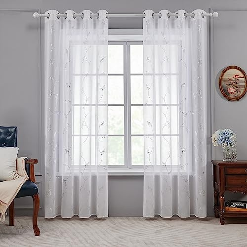 Deconovo Cortinas Salon Modernas 2 Piezas Translucidas Visillos para Dormitorio con Ojales 140x145cm Plantas