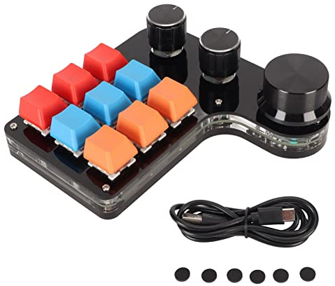 ciciglow One Handed Programmable Mechanical Keyboard, 9 Keys Programmable Macro Keyboard with 3 Knobs, Type C Wired Multifunctional Mini Keypad