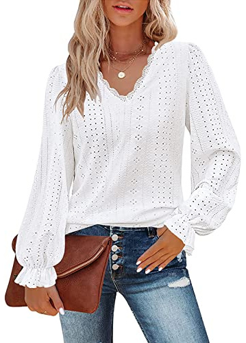 Flikity White Tops for Women UK, Long Sleeve Tops Women Lace V Neck Tops Ladies Blouses Shirts Going Out Tops Women's Tops Fashion Spring Autumn Winter Clothes White S
