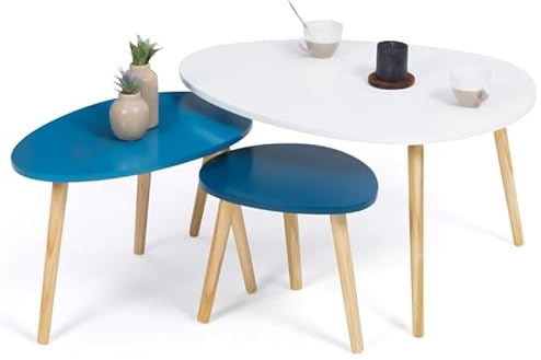 IDMarket - Set mit 3 Couchtischen Gaia, lackiert, Weiß / Skandinavisches Blau