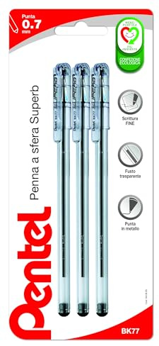 Pentel BK77 Superb penna a sfera punta fine 0,7 mm nero, 3 pezzi