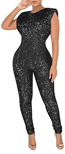 Damen Pailletten Jumpsuit Einteiler Lang Overall Hosenanzug Hohe Taille Romper Fasching Kostüm Damen Jumpsuit Ärmellos Elegant Bodysuit Damen Glitzer Pailletten Playsuit Karneval Kostüm
