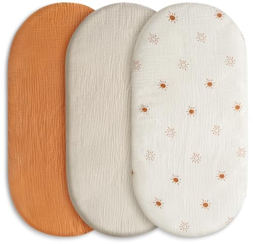 3er-Pack Bettlaken Spannbettlaken,Matratzenschoner für Laufgitter,100% Musselin-Baumwolle,Weiche und Premium-Qualität universelle Spannbettlaken für Kinderwagen. Geschenk zur Geburt(Solar)
