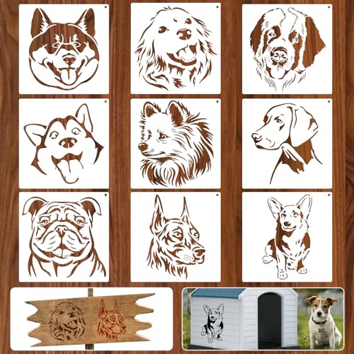 JSRQT 9 Piezas Plantillas de Perro para Pintar, Plantillas Reutilizables de Plástico para Perros Grandes, Stencils Dibujo Pintura para Bricolaje Madera Hogar Decoración de Pared, 20×20 cm