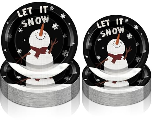 Uiifan 50 Pcs Winter Snowman Paper Plates Snowflake Round Disposable Plates Let It Snow Plates White Black Christmas Decorative Tableware for Winter Xmas Holiday Dinner Birthday Party Supplies