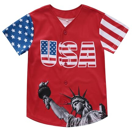 Boys 4th of July American Flag Button Down Shirts USA Baseball Jersey Personalized Patriotic Tops for 2-14 Years Kids