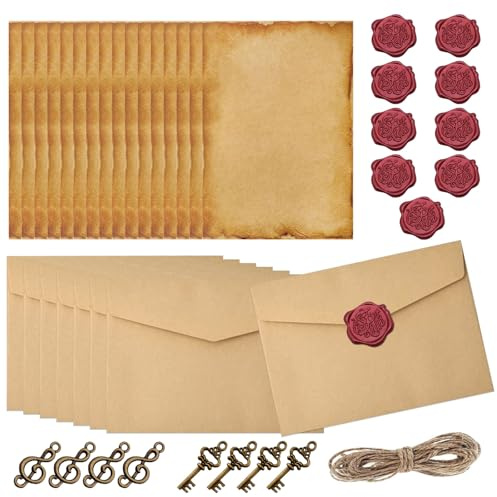 Vintage brevpapper med kuvertset, brevpapper med kuvert med 8 kuvert, 16 brevark, 10 vaxsigillklistermärken, 8 tillbehör, 10 meter garn, för bröllopsinbjudningar, födelsedagskort