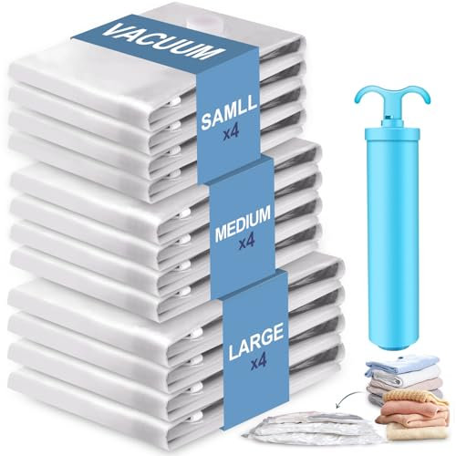 Vacbird Sacchetti Sottovuoto Vestiti Viaggio per aspirapolvere con pompa manuale, Set di 12 (4 grandi, 4 mezzi, 4 piccoli), borsa sottovuoto, riutilizzabile per vestiti, biancheria da letto, viaggio