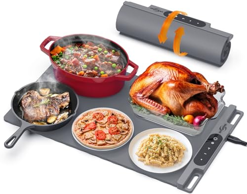WELLPEAK Electric Warming Mat for Food - Full Surface Fast Heating Silicone Tray with 3-Level Temperature, Auto-Off, Raised Feet for Table Protection, Versatile Warmer for Gatherings,Party,Home Buffet