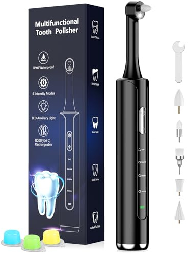 Tooth Polisher, Rechargeable Teeth Polisher with 5 Brush Heads, 4 Speed Modes, Tooth Whitening for Cleaning and Polishing, LED Light, 3 Polish Pastes, IPX6 Waterproof Teeth Cleaning Tools, Black