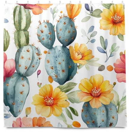 miaozhen Tenda da doccia standard in tessuto impermeabile 182 x 182 cm con gancio natura cactus stile retrò poliestere lavabile in lavatrice materiale tenda da doccia fodere per bagno Decor cortinas a