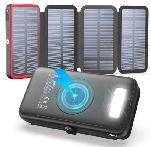 Chargeur Solaire 27000mAh Batterie Externe sans Fil - 22,5W Charge Rapide USB-C Power Bank avec Trois Sorties USB PD 4.0 QC 3.0 et 4 Panneaux Solaires pour Smartphones, Tablettes (Rouge)
