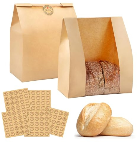 Paper Bread Bags for Homemade Bread, Sourdough Bread Bag with Window & Stickers, Brown Bakery Bags for Storage Bread Cookies & Snacks, Home Baking Packaging Storage,12.6 * 8.3 * 4 Iches (50)