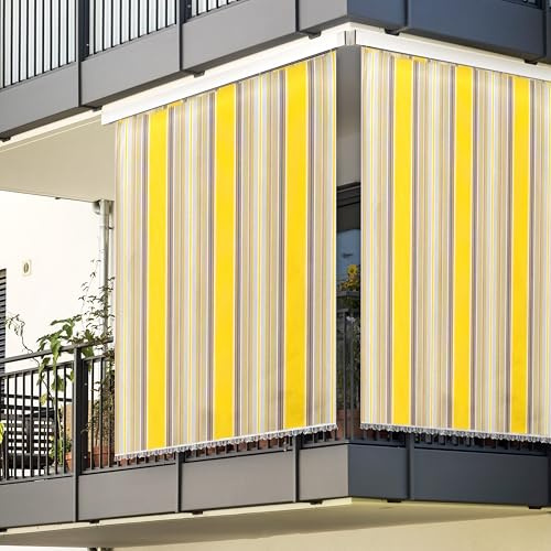 Rideau de soleil à rayures de qualité supérieure pour balcon, terrasse ou véranda – Housse d'ombrage d'extérieur avec anneaux et crochets – Tissu de haute qualité, résistant aux rayons UV et