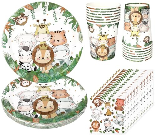 CSYY Stoviglie Compleanno Giungla Safari, 52 Pezzi per 16 Ospiti Piatto Grande Tazze Tovaglioli per Decorazione Compleanno Zoo per Ragazzi Ragazze Bambini