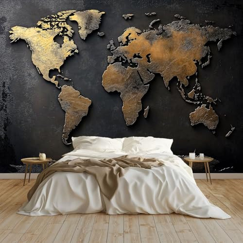 Papel pintado Mural Adhesivo de Pared Mapa Del Mundo De Metal Art Papel Tapiz Fotográfico 300x210 cm Personalizada Catering Papel Tapiz Restaurante Decoración de Fondo Mural, Oro Negro