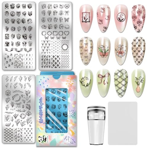 PH PandaHall 3pcs Lily of The Valley Nail Stamping Plates Flower Leaf Nail Art Templates Butterfly Stainless Steel Image Plate Art Stencils with Tool for Spring DIY Print Manicures Salon Design