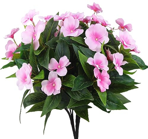 CEWUDA 2 Pz Fiori Finti da Esterno Impatiens Artificiali Rami Cespugli di Fiori di Seta Impatiens Rosa Fiori Artificiali Resistente ai Raggi UV Piante per Vaso Interni Esterni Giardino Balcone Tavolo